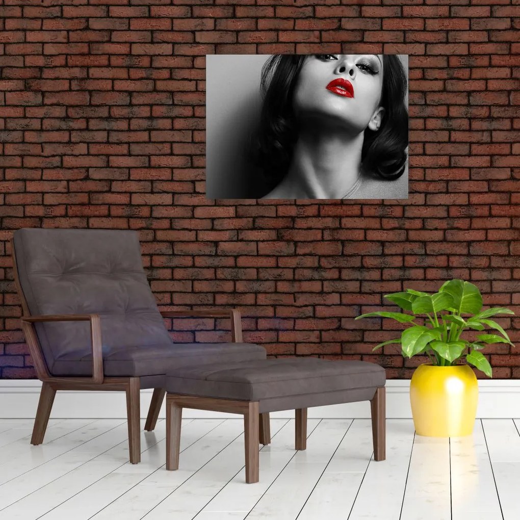 Tablou pe sticlă - Portretul unei femei cu ruj roșu (70x50 cm)