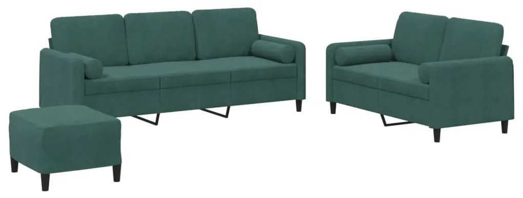 3202046 vidaXL Set canapea cu perne, 3 piese, verde închis, catifea