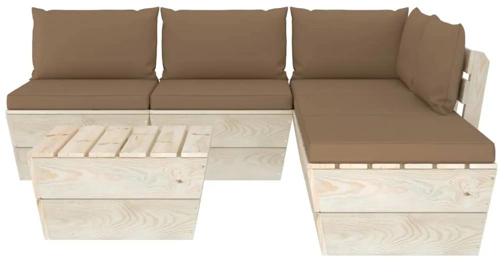 Set mobilier gradina din paleti cu perne, 6 piese, lemn molid Gri taupe, colt + 3x mijloc + masa + suport pentru picioare, 1