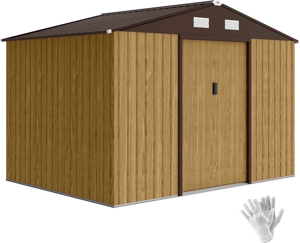 Outsunny Magazie de grădină exterioară 4,9 m² 277x195x192 cm cu ușă culisantă, ventilație și kit de fundație, maro | Aosom Romania