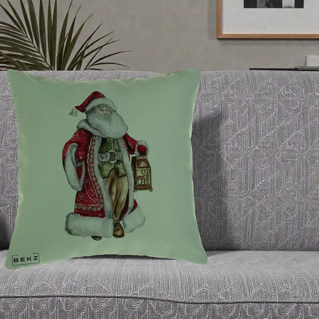 Perna decorativa de Craciun: Mos Craciun Vintage cu Felinar, 40x40 cm cu Umplutura, Verde, BEKZ