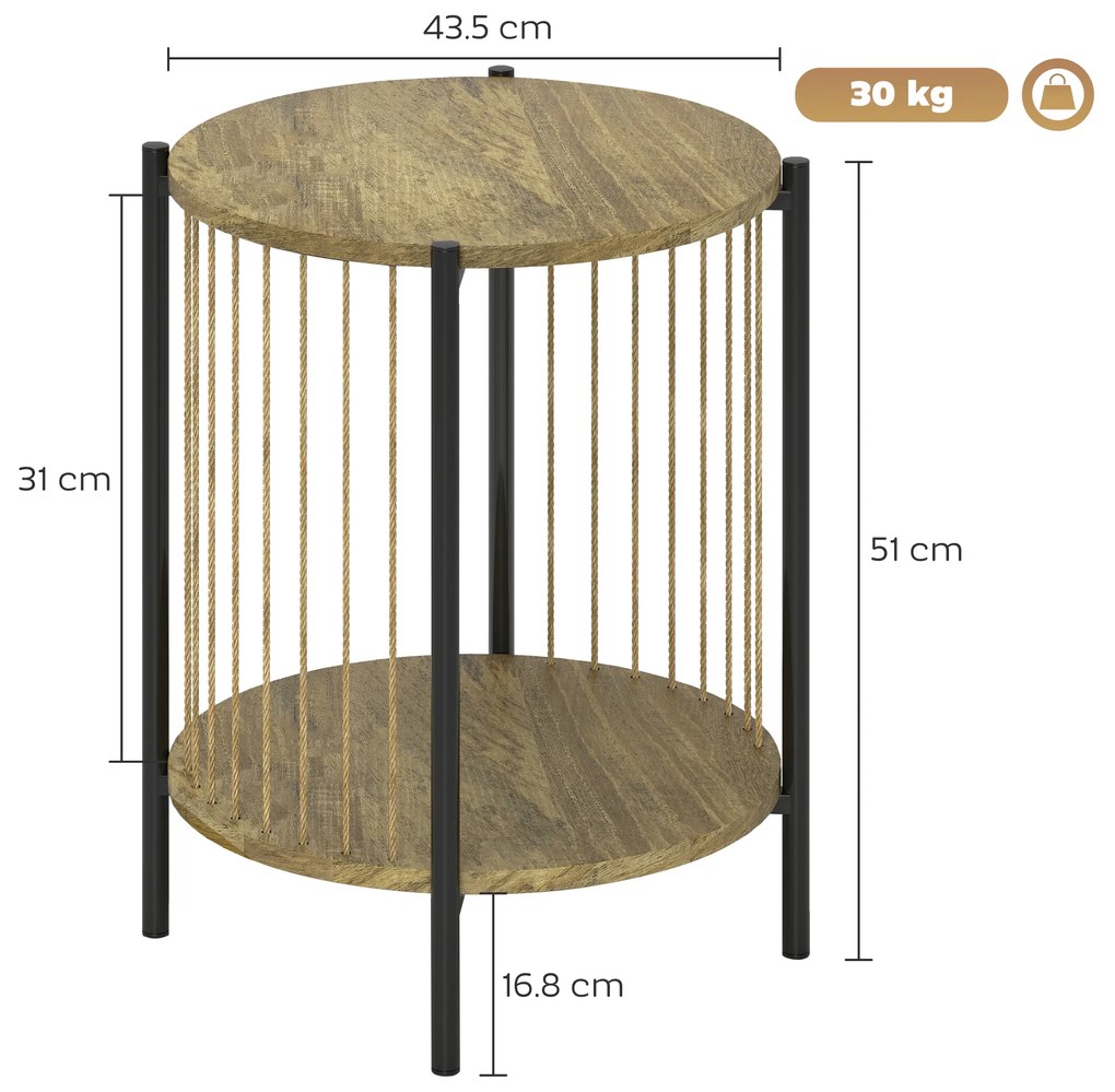HOMCOM Masă Auxiliară Rotundă de 2 Nivele cu Raft și Structură de Oțel pentru Sufragerie Dormitor 43,5x43,5x51 cm Lemn Natural | Aosom Romania