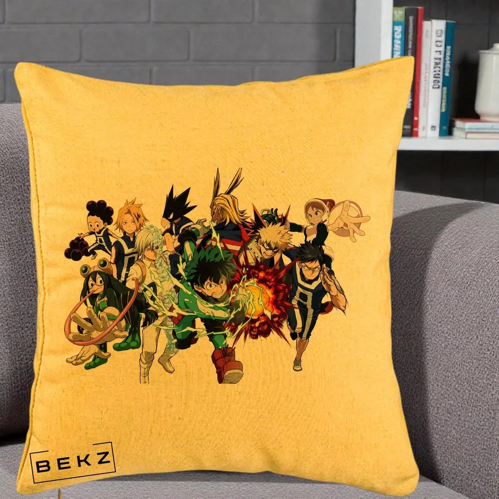 Perna Personalizata My Hero Academia Clasa 1-A Complet, 40x40 cm, Galben, Husa Detasabila, Perna Inclusa, BEKZ®