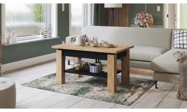 Masă extensibilă ADONIS cu raft, stejar craft/negru