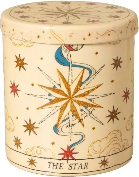 Lumânare artizanală în recipient metalic bej cu motive astrale pictate manual, 10×9 cm, „The Star"