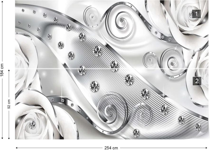 GLIX Fototapet - 3D Luxury Ornamental Design Diamonds And Roses Silver Vliesová tapeta  - 254x184 cm