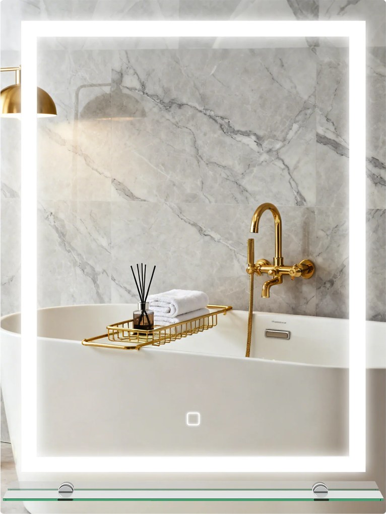 kleankin Oglindă pentru baie 60x80 cm cu 3 culori de lumină, raft din sticlă, funcție memorie și întrerupător tactil Argintiu | Aosom Romania