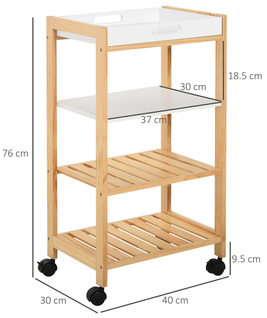 HOMCOM Carucior de bucatarie cu 4 nivele din MDF si lemn de pin cu 4 roti pivotante, 40x30x76 cm, alb si maro | Aosom Romania