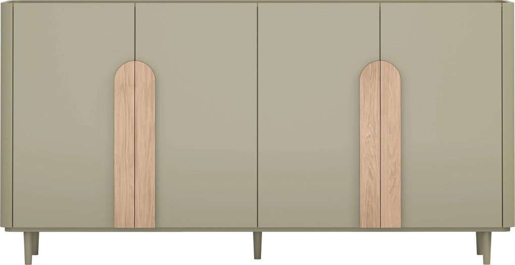 Comodă pe picioare Amilio 200 cm cu patru uși - eucalipt / stejar baltic dune / mânere stejar natural