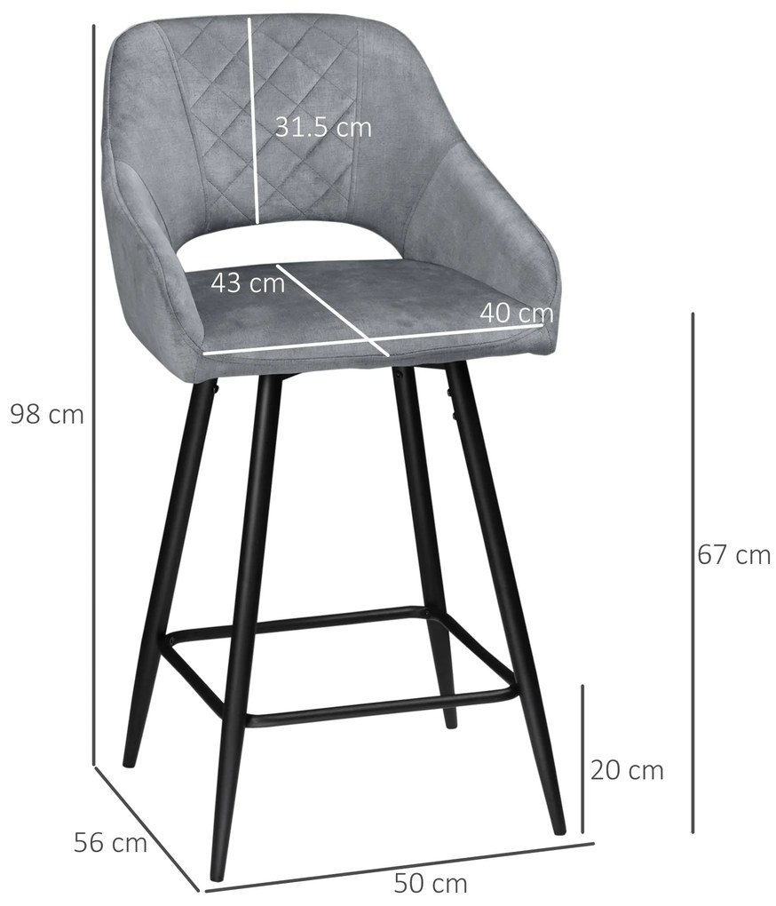HOMCOM Set de 2 scaune de bar inalte efect de catifea si otel negru cu suport pentru picioare, accesorii pentru brate inaltime 67 cm gri | Aosom Romania