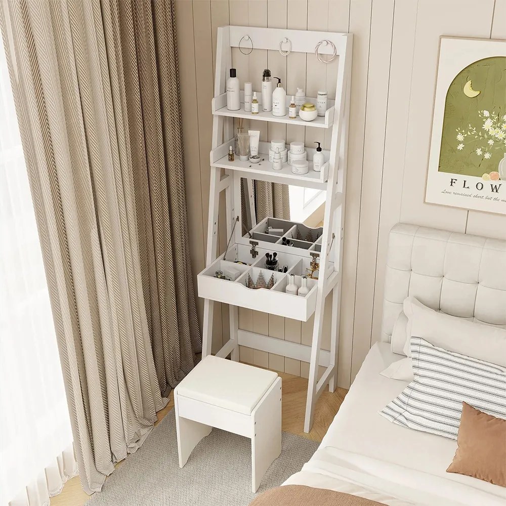 Masă de toaletă îngustă cu 2 rafturi și scaun, 60x40x180cm