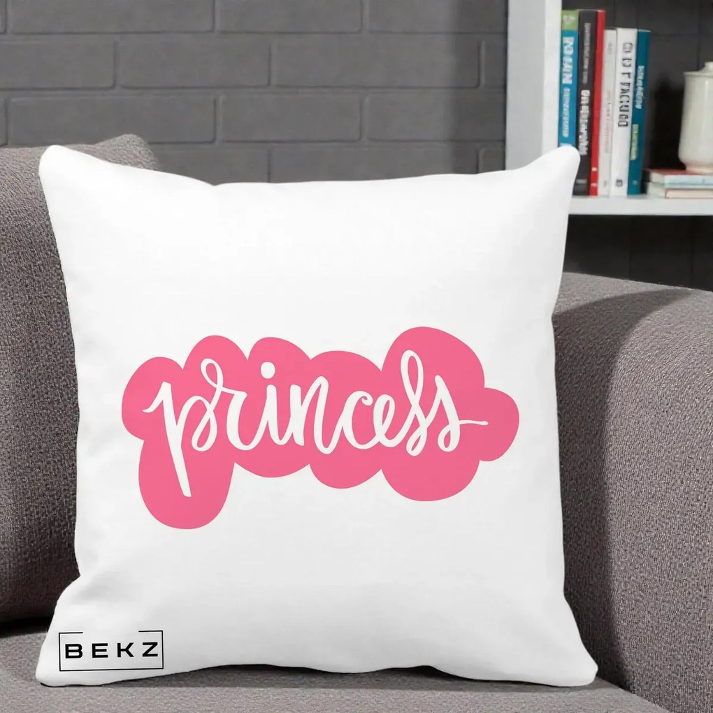 Perna Decorativa Princess Text Roz, 40x40 cm, Alba Mata, Husa Detasabila, Perna Inclusa, BEKZ®