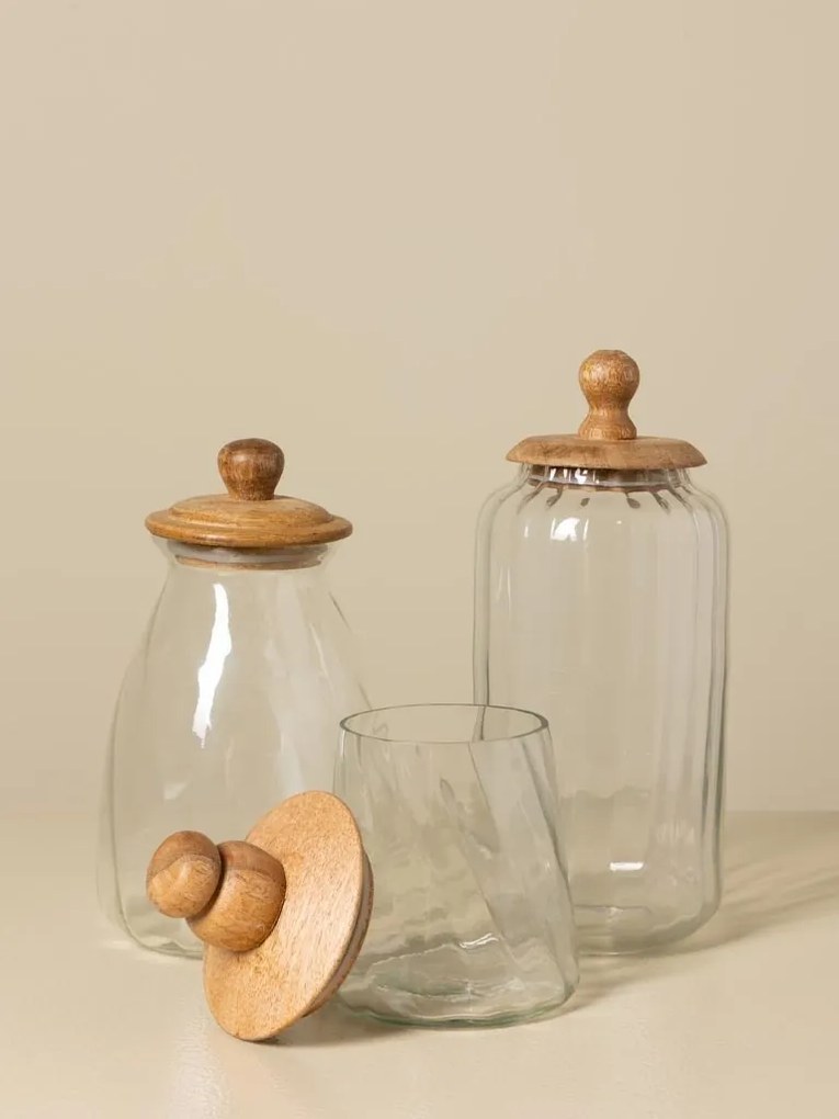 Set 3 borcane din sticlă canelată cu capac din lemn de mango cu mâner sculptat, natur, 12 × 24 cm, „Twisted"