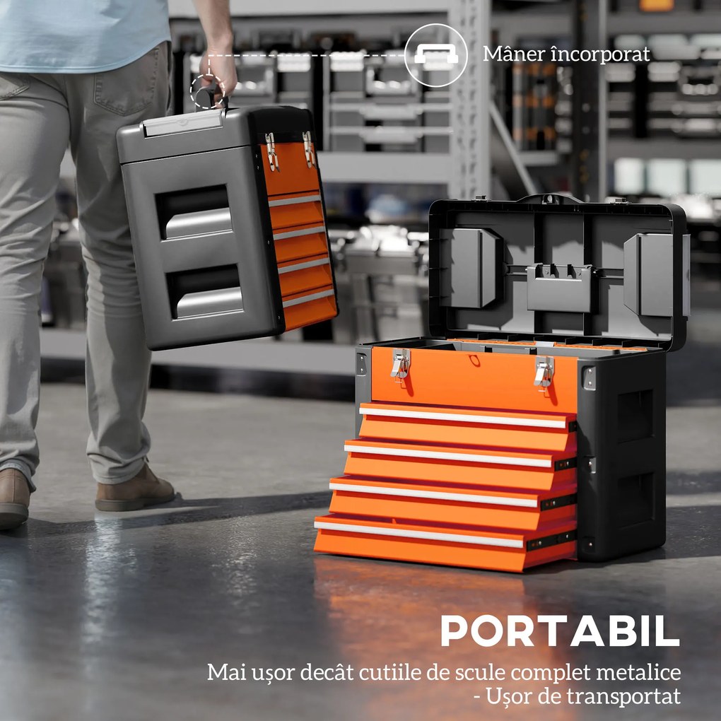 HOMCOM Cutie pentru Unelte cu 4 Sertare și Compartiment Superior din Oțel și Plastic, Portocaliu și Negru | Aosom Romania