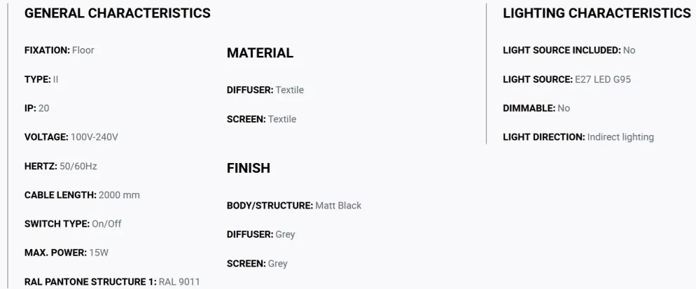 Lampa de podea abajur textil 64cm WINDSOR negru, gri