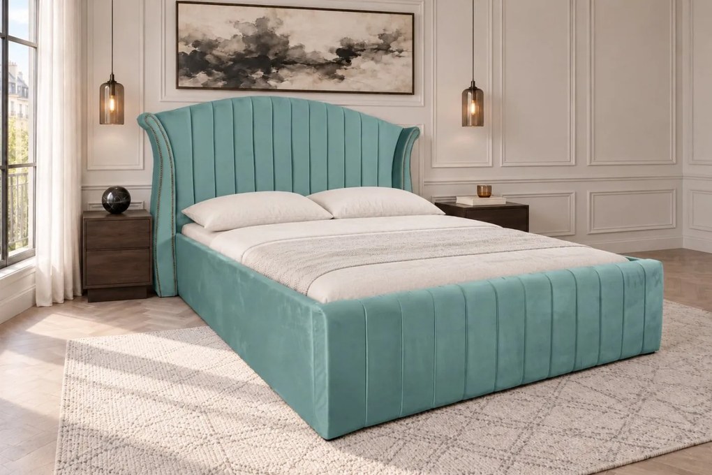 Pat tapițat din catifea Velluto Line 160×200 cm, verde marin, cu ladă de depozitare