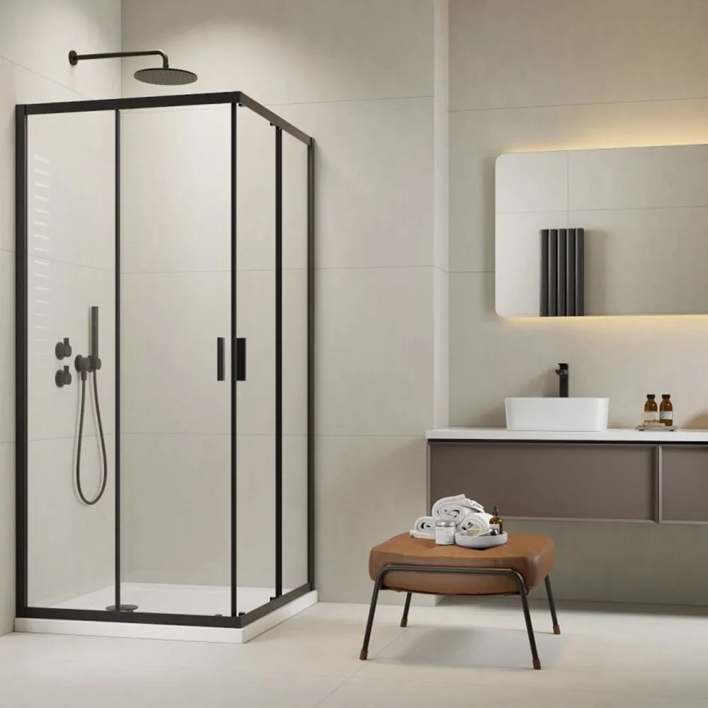 Pachet cabina de dus Alienta Black C 80x80 cm, cadita pentru dus Rodos C Compact alb si sifon cadita negru