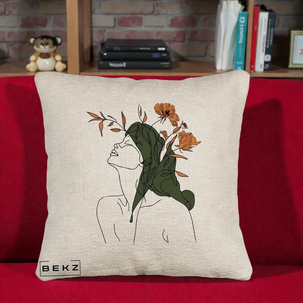 Perna Decorativa Portret Feminin Profil Flori Portocalii, 40x40 cm, Bej Canapea, Husa Detasabila, Perna Inclusa, BEKZ®