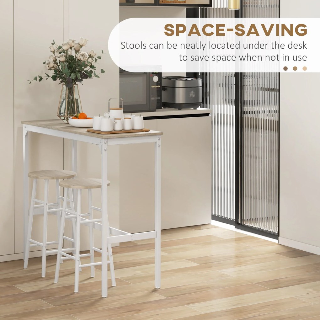 HOMCOM Set masă înaltă de bar + 2 taburete structură din oțel blat aspect lemn natural 2 persoane alb | Aosom Romania