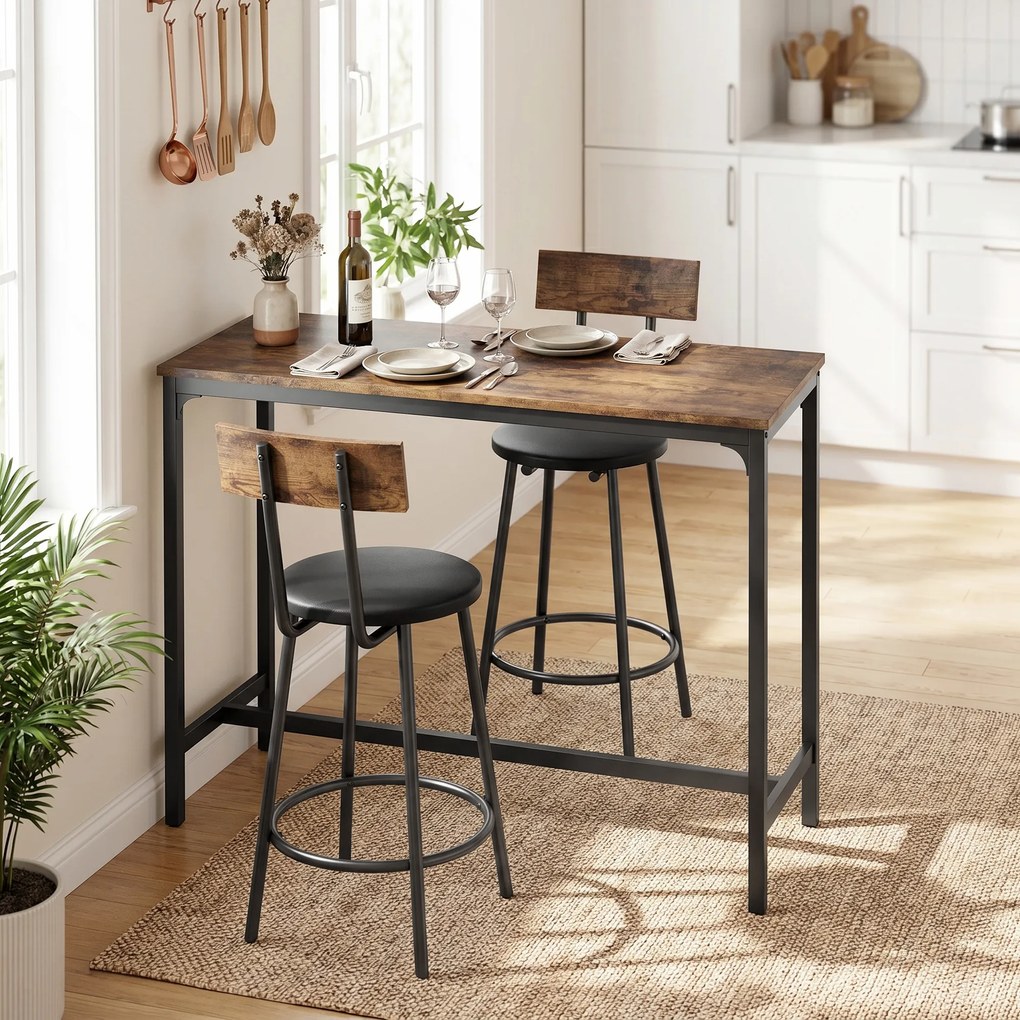 HOMCOM Set Masă de Bar cu 2 Scaune Înalte, Spătar, Suport pentru Picioare, MDF, Metal, 100x40x90,5 cm, Maro Rustic | Aosom Romania