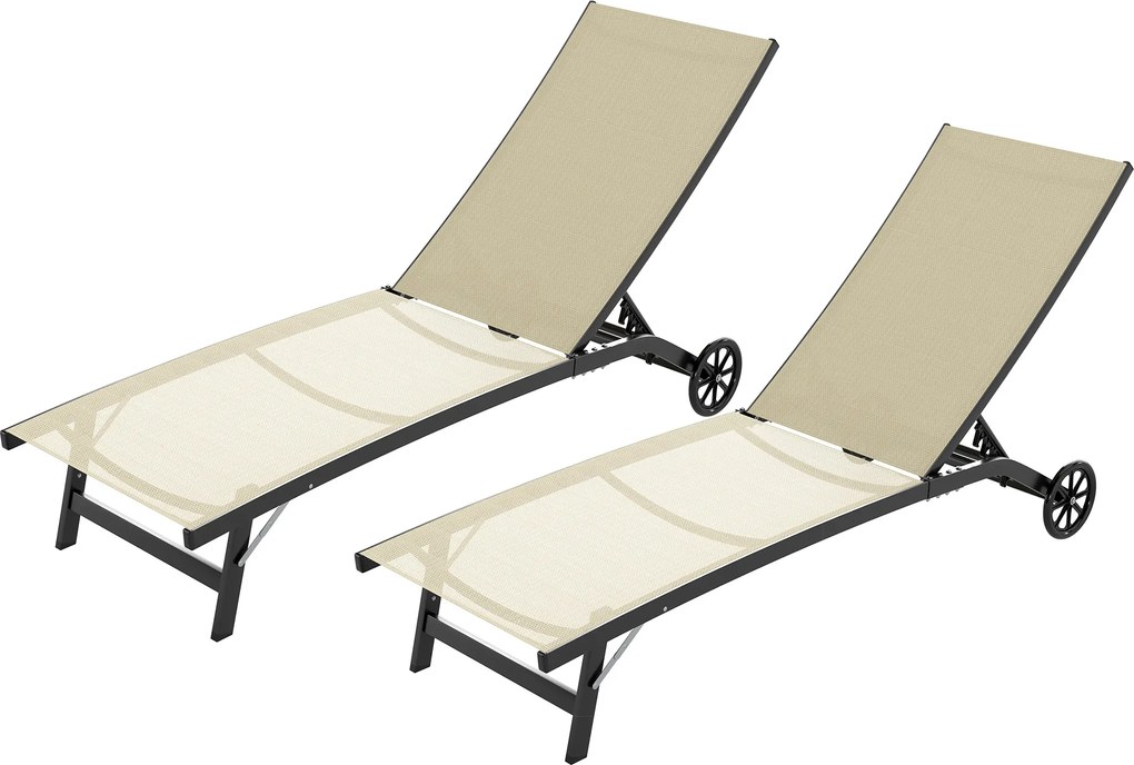 Outsunny Set de 2 șezlonguri din aluminiu și textilenă cu roți, spătar reglabil, sarcină max. 150 kg kaki | Aosom Romania