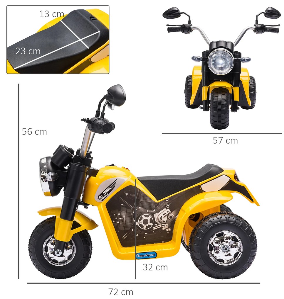 HOMCOM Motocicletă Electrică cu 3 Roti Galben, Lumini și Sunete, pentru Copii 18-36 Luni, Baterie 6V | Aosom Romania