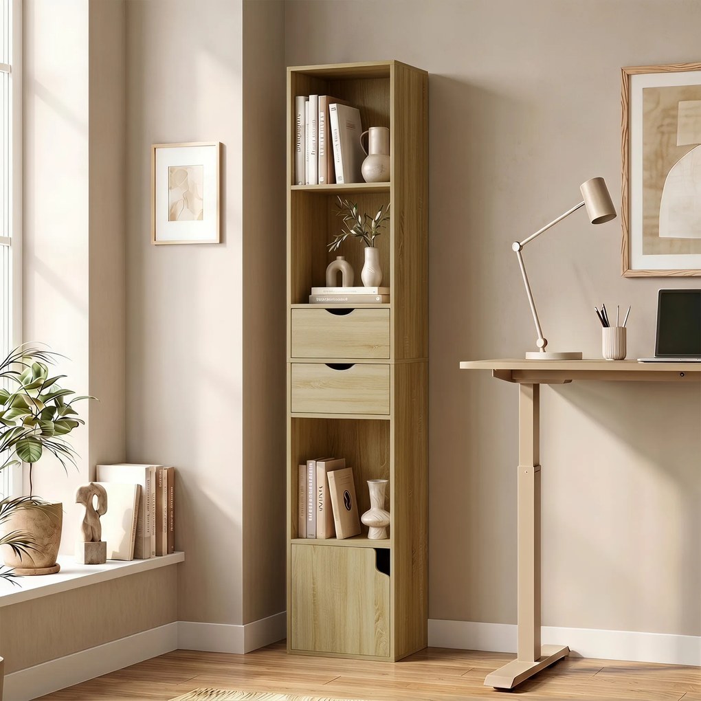 HOMCOM Bibliotecă Îngustă cu 6 Rafturi, Sertare, Ușă și Polițe Deschise, 30x24x158 cm, Stejar | Aosom Romania