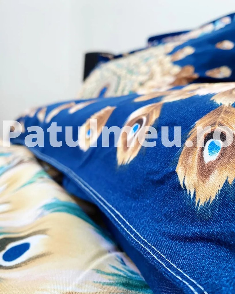 Lenjerie de pat cu 2 fete, imprimeu 3D, bumbac tip finet, pat 2 persoane, 6 piese, albastru, FNJD-10