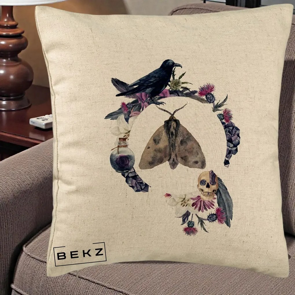 Perna Decorativa Gothic Wreath Corb Moliu Craniu, 40x40 cm, Bej, Husa Detasabila, Perna Inclusa, BEKZ®