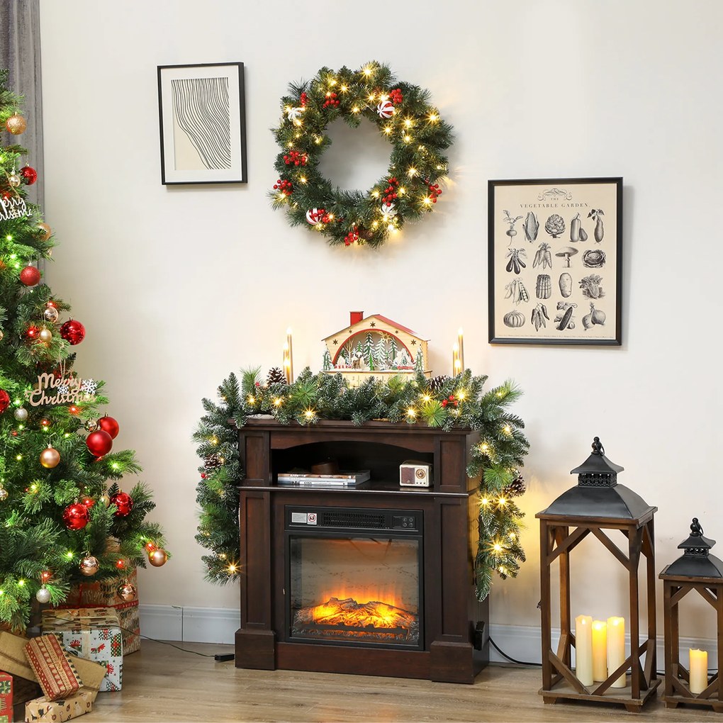 HOMCOM Ghirlandă de Crăciun 183 cm cu Crengi Înzăpezite și 30 de Lumini Albe, Conuri și Boabe pentru Interioare | Aosom Romania