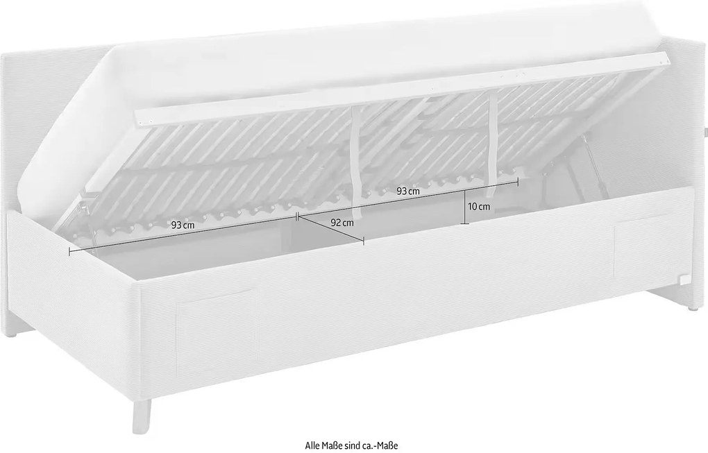 Boxspring tip divan 90x200 cm, cu lada de depozitare, USB charger, culoare crem, material țesătură