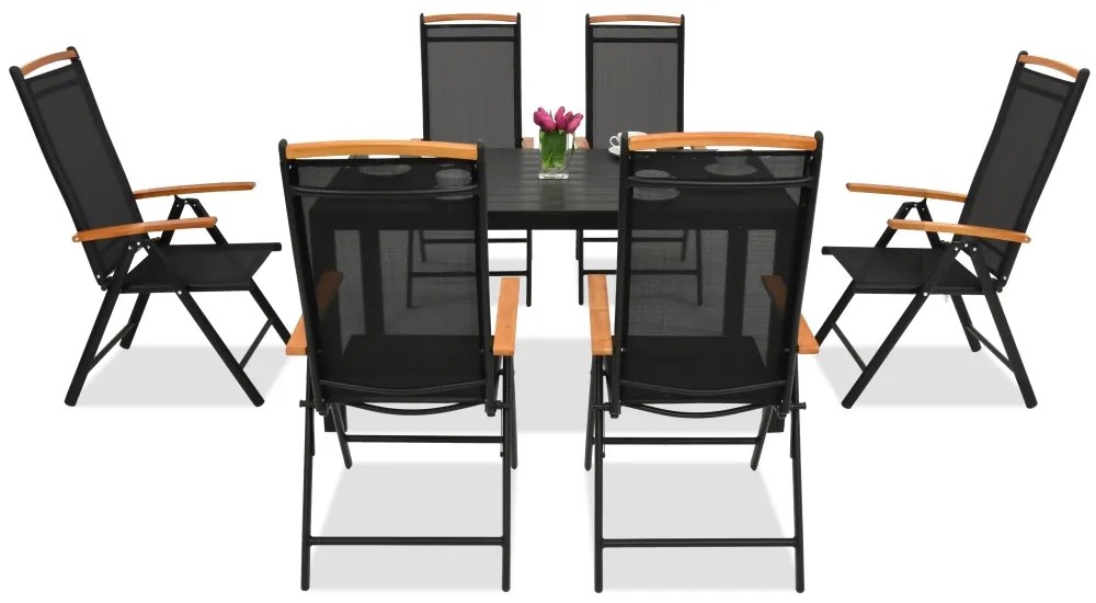 Mobilier din aluminiu pentru grădină polywood Verona Wood pentru 6 persoane Garden Point negru
