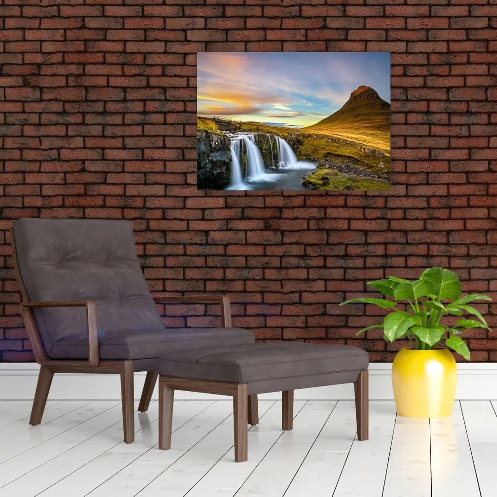 Tablou pe sticlă cu munții și cascade pe Islanda (70x50 cm)