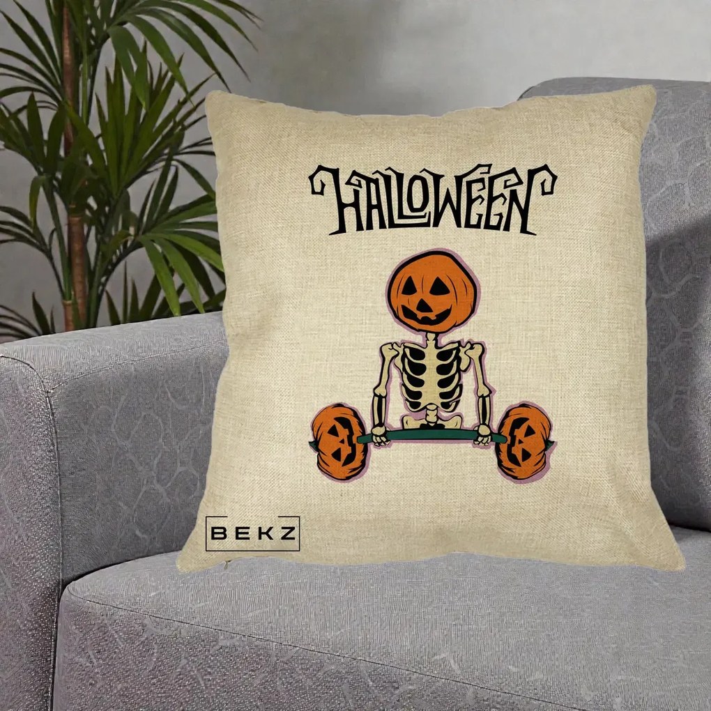 Perna Decorativa Halloween Schelet cu Cap de Dovleac Powerlifting, 40x40 cm, Crem, Husa Detasabila, Perna Inclusa, BEKZ®