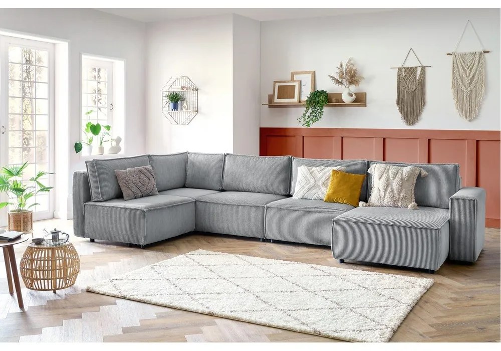 Colțar gri deschis cu tapițerie din catifea reiată (cu colț pe partea stângă /în formă de "U") Nihad modular – Bobochic Paris