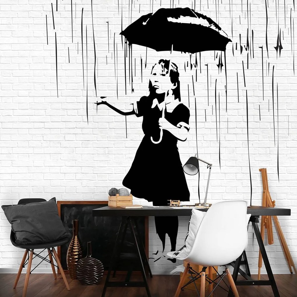 Fototapet - Fata cu umbrelă în ploaie (152,5x104 cm)