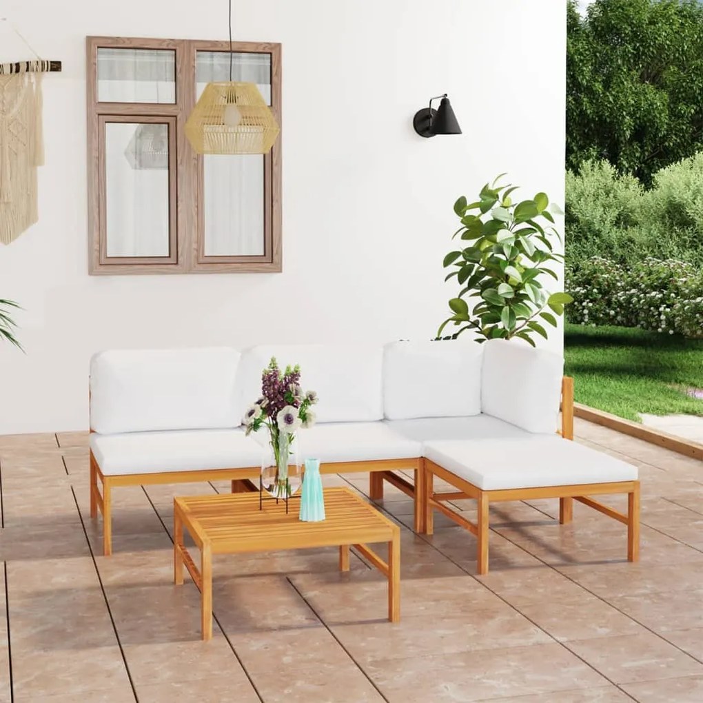 3087196 vidaXL Set mobilier grădină cu perne crem, 5 piese, lemn masiv de tec
