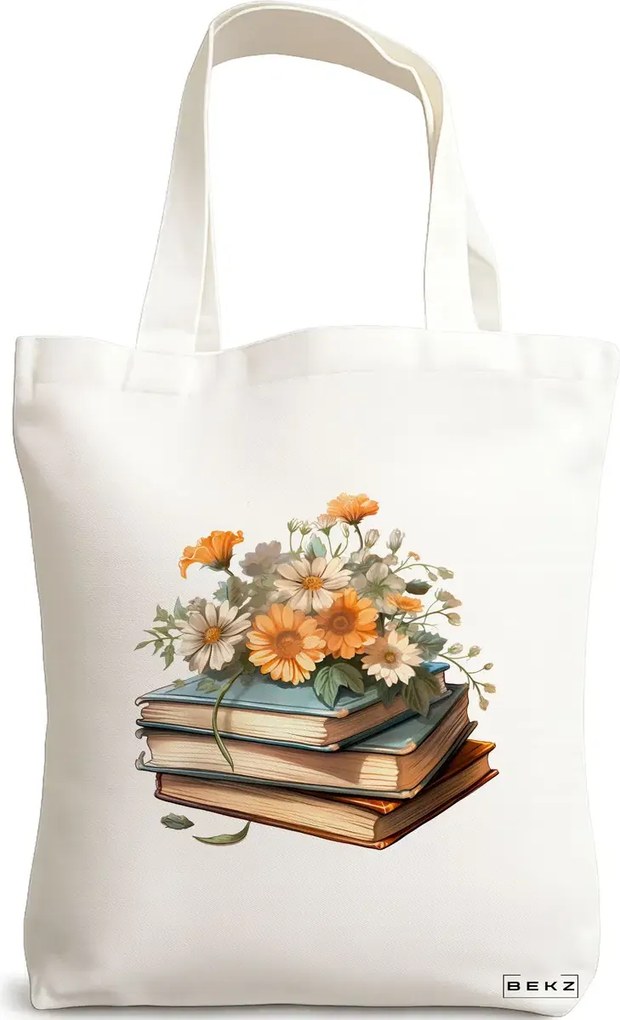 Sacosa de Panza pentru Cumparaturi, Geanta Tote, model Books and flowers 11 38 x 34.5 cm, Alba, BEKZ®
