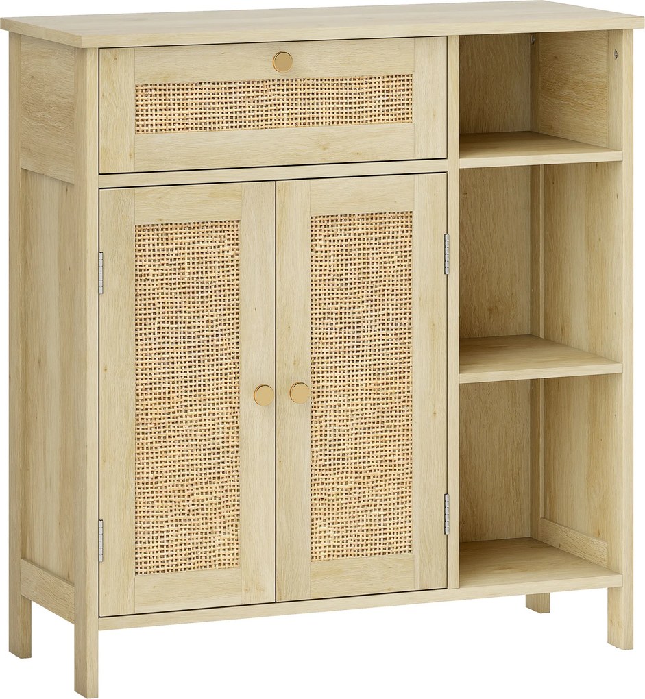 HOMCOM Bufet, mobilier de depozitare, 2 uși din ratan, sertar, nișe deschise, polițe reglabile, 75x30x79,5cm, lemn natural | Aosom Romania
