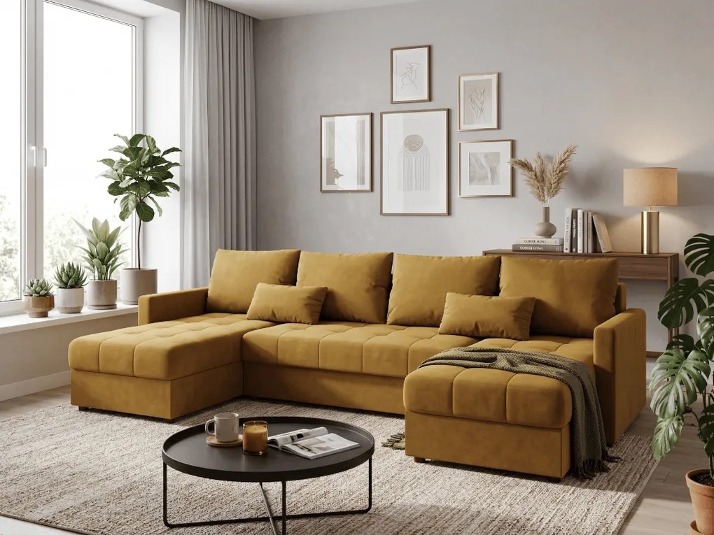 Coltar extensibil in forma de U VENORIA, mustar, 285x146 cm + 2 perne GRATUIT