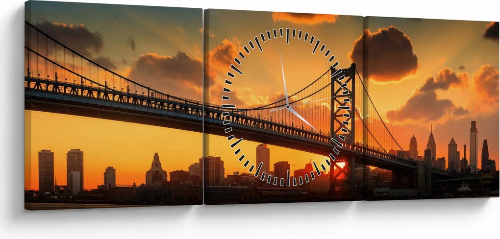 Tablou - Apus de soare peste Podul Ben Franklin, Philadelphia (cu ceas) (90x30 cm)