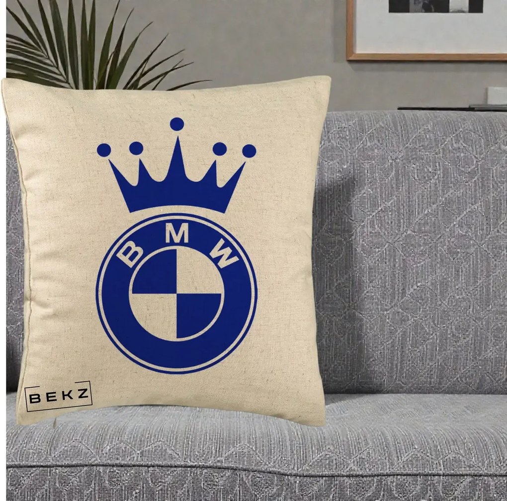 Perna Personalizata cu emblema BMW si Coroana, 40x40 cm, Bej, Husa Detasabila, Perna Inclusa, BEKZ®