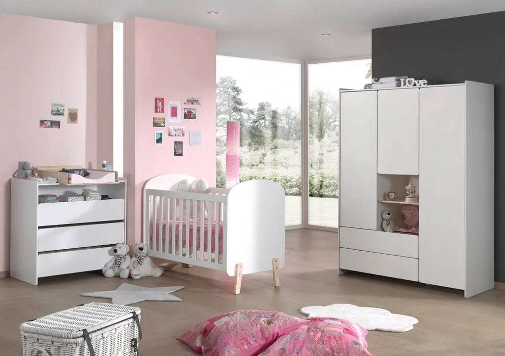Set KIDDY este format dintr-un Pat copii pentru copii (60x120), o comodă cu 3 sertare și un Dulap camera copii cu 3 uși.