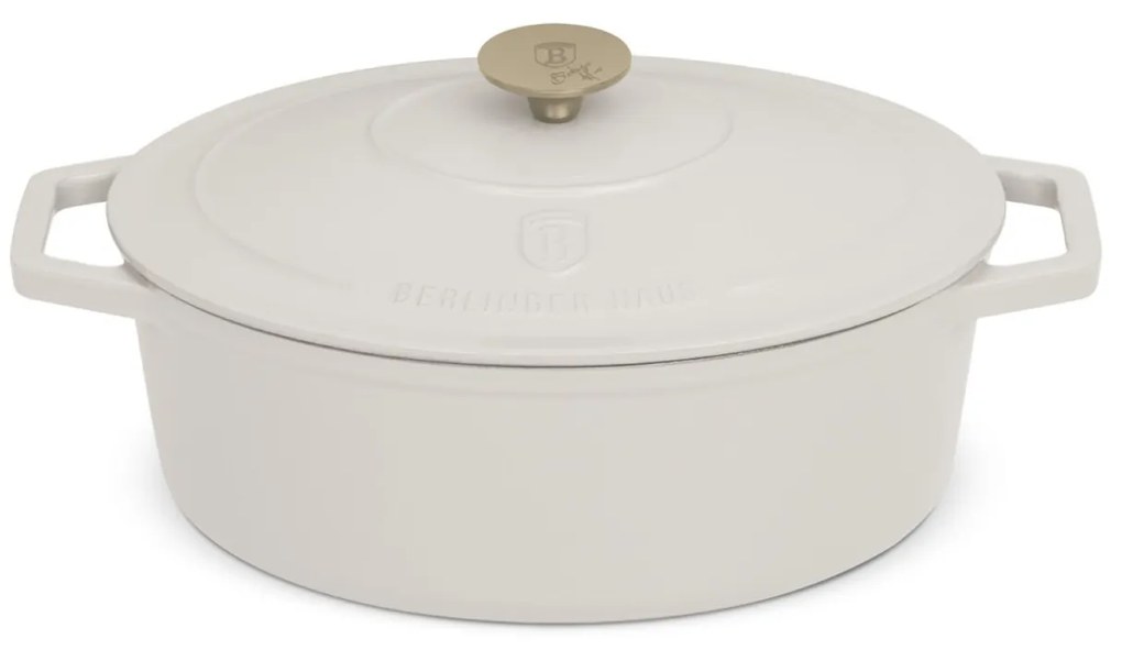 Oală din fontă emailată ovală cu capac 30 cm, 4.65L – Berlinger Haus Sahara Collection BH 6540, crem, pentru cuptor și coacere lentă