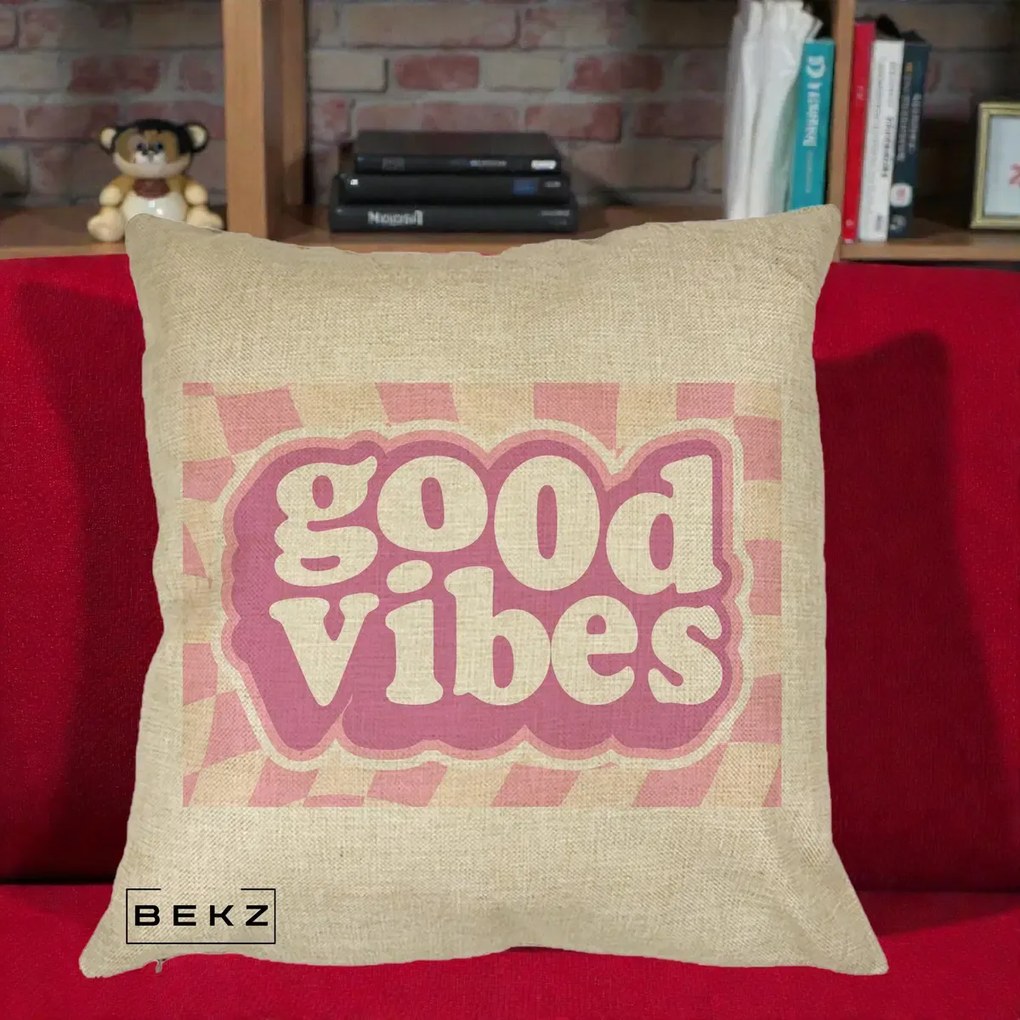 Perna Decorativa Good Vibes Retro Roz, 40x40 cm, Crem, Husa Detasabila, Perna Inclusa, BEKZ®