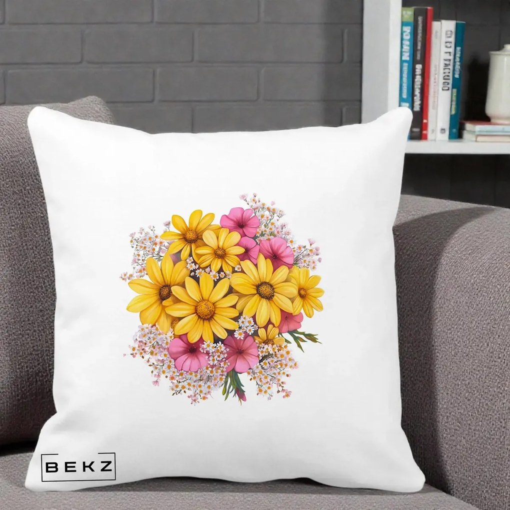 Perna Decorativa Floarea-Soarelui cu Cosmos Roz si Gypsophila, 40x40 cm, Alba Mata, Husa Detasabila, Perna Inclusa, BEKZ®