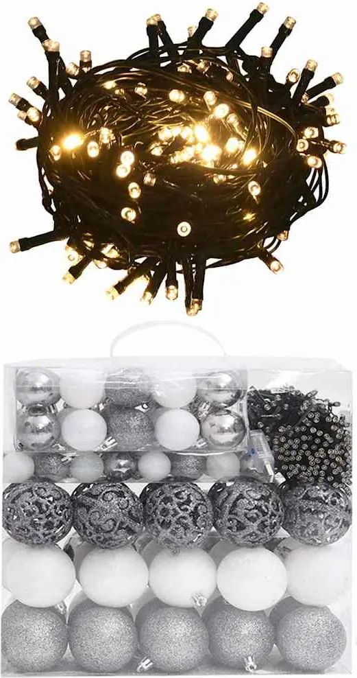 vidaXL Set globuri Crăciun cu vârf & 300 LED-uri 120 piese alb & gri