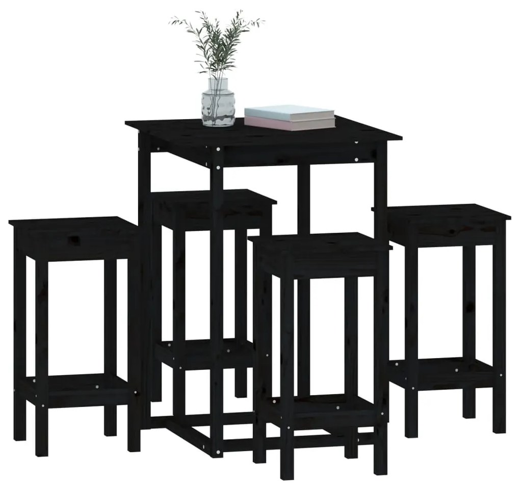 Set mobilier de bar, 5 piese, negru, lemn masiv de pin