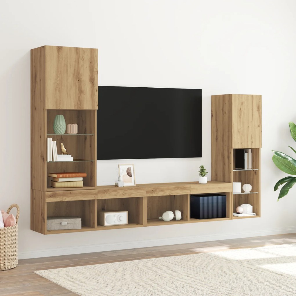 Dulap TV vidaXL cu lumini LED Stejar artizanal 40.5x30x102 cm