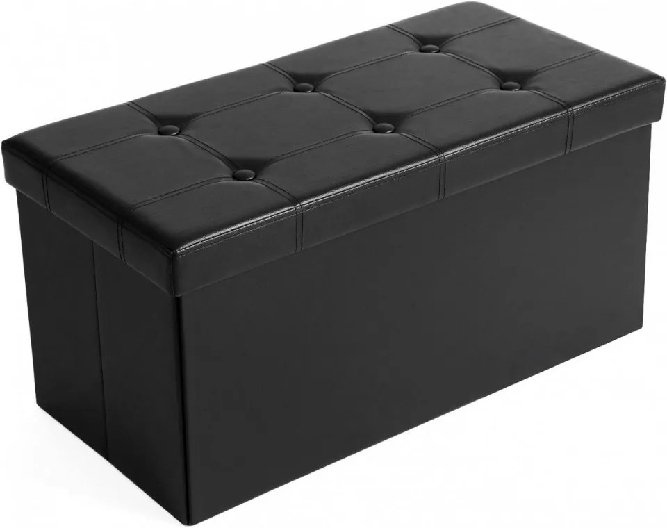 Bancheta cu capac si spatiu depozitare, 76 x 38 x 38 cm, MDF / piele ecologica, negru, Songmics